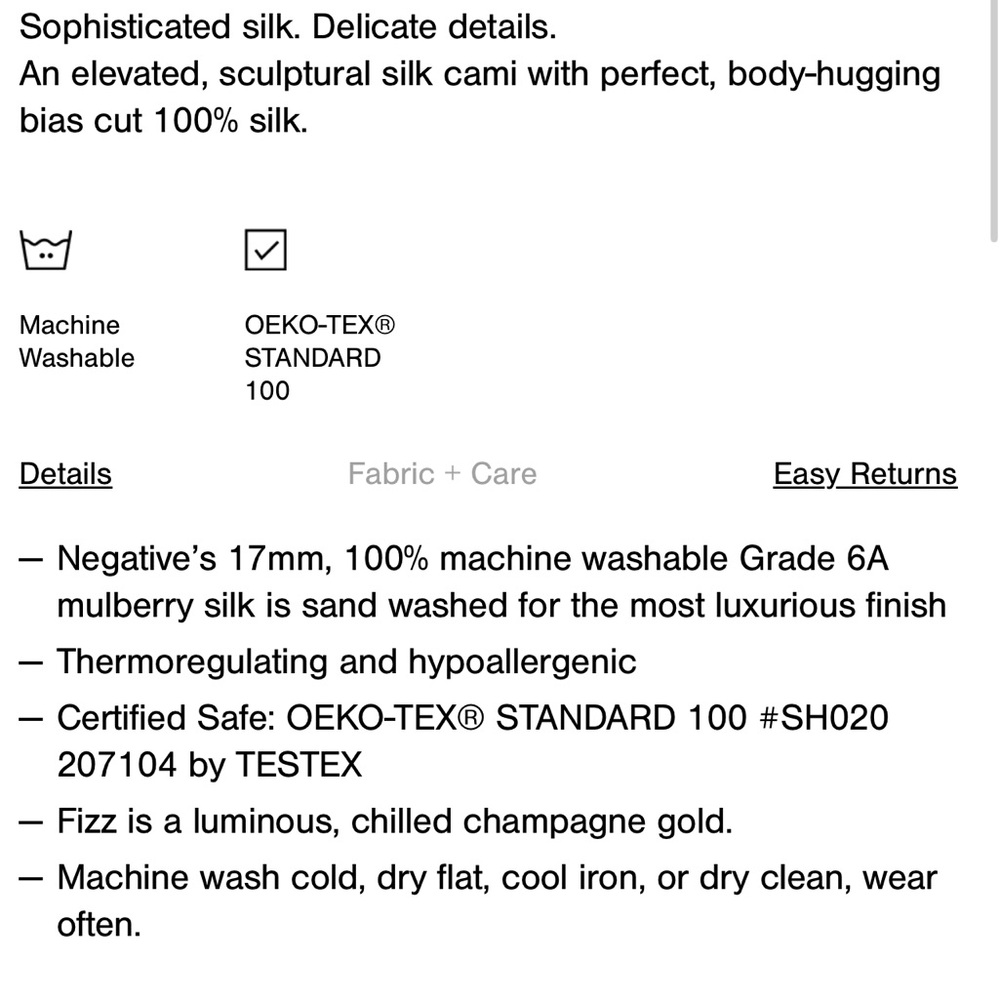 Negative eclipse washable 100% mulberry 17mm silk cami champagne Fizz Small $120 - Picture 11 of 13